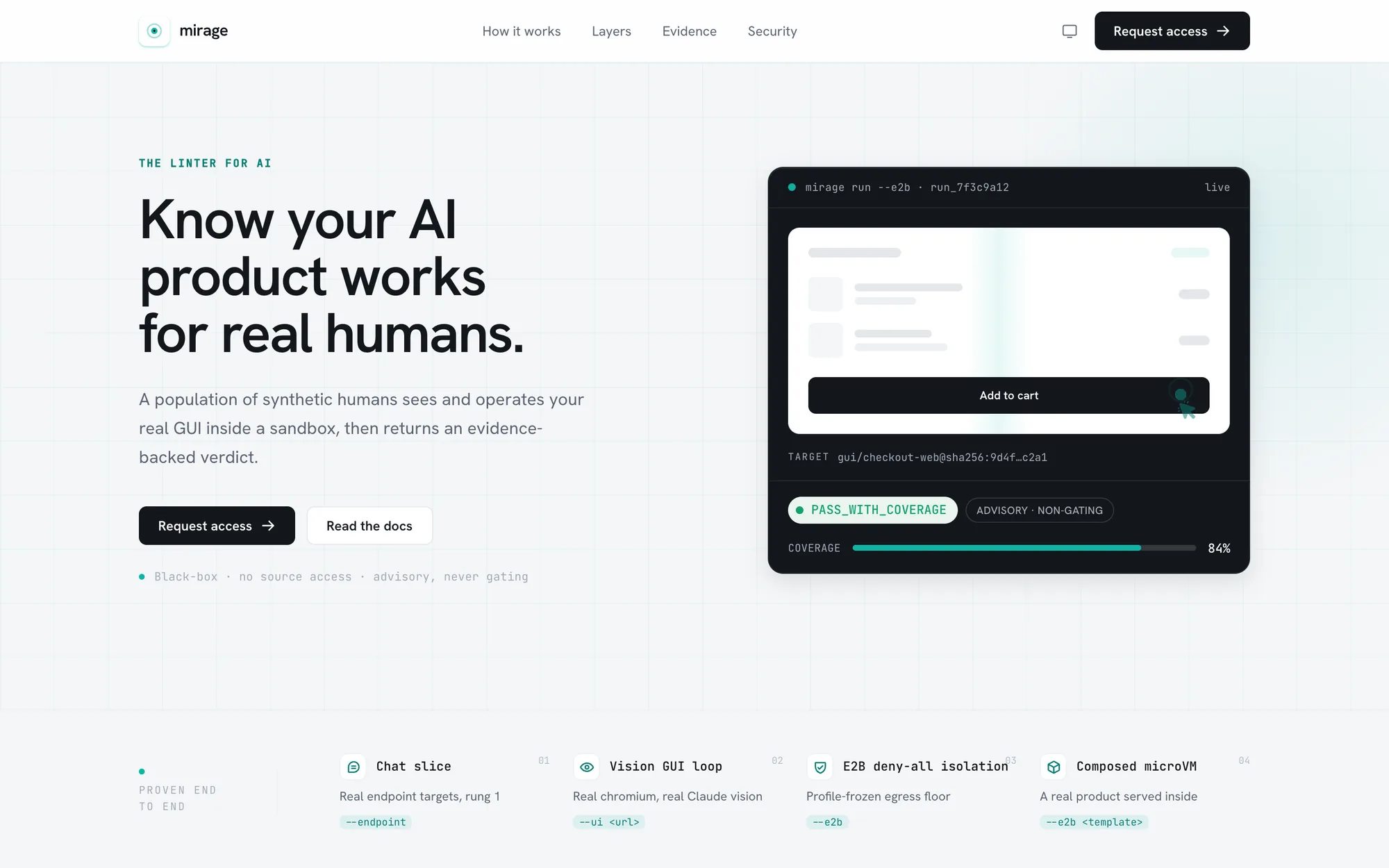 Mirage landing page: “Know your AI product works for real humans”, with an advisory, non-gating verdict card.